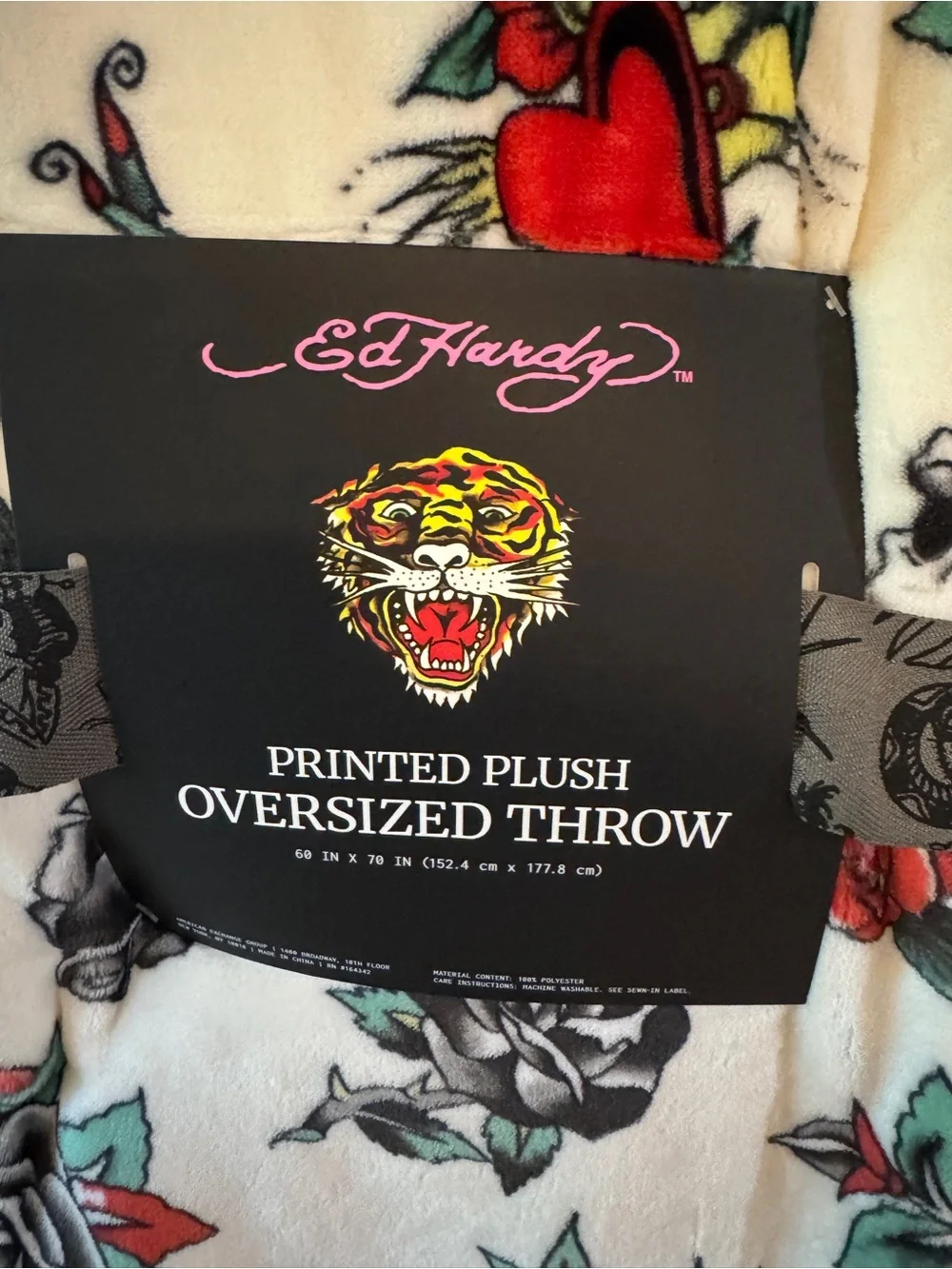 Ed Hardy White Floral and Skull Printed Plush Oversized Throw